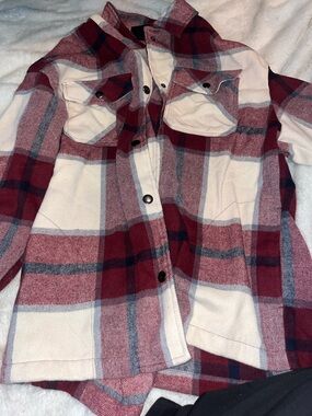 Plaid Button-Front Shacket Jacket - Cream & Burgundy